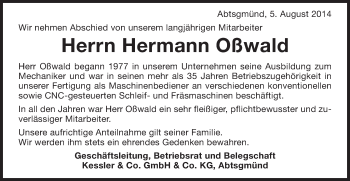 Traueranzeige von Hermann Oßwald von Schwäbische Post