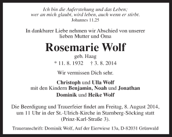 Traueranzeige von Rosemarie Wolf von Gmünder Tagespost