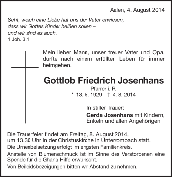 Traueranzeige von Gottlob Friedrich Josenhans von Schwäbische Post