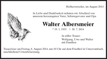 Traueranzeige von Walter Albersmeier von Schwäbische Post