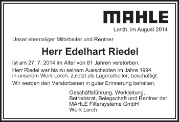 Traueranzeige von Edelhart Riede von Gmünder Tagespost