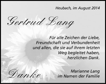 Traueranzeige von Gertrud Lang von Gmünder Tagespost