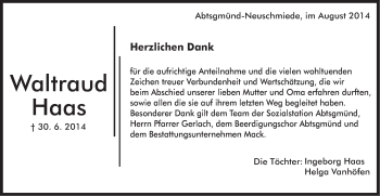Traueranzeige von Waltraud Haas von Schwäbische Post