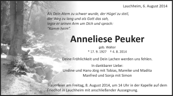 Traueranzeige von Anneliese Peuker von Schwäbische Post