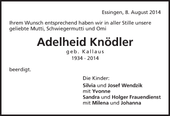 Traueranzeige von Adelheid Knödler von Schwäbische Post