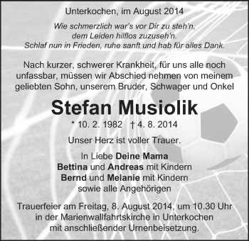 Traueranzeige von Stefan Musiolik von Schwäbische Post