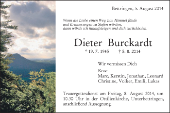 Traueranzeige von Dieter Burckardt von Gmünder Tagespost