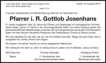 Traueranzeige von Gottlob Josenhans von Schwäbische Post