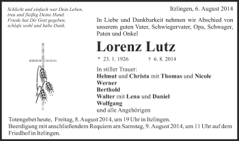 Traueranzeige von Lorenz Lutz von Schwäbische Post