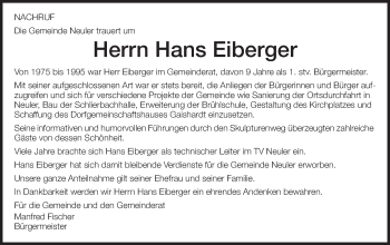 Traueranzeige von Hans Eiberger von Schwäbische Post