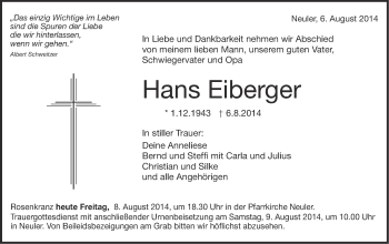 Traueranzeige von Hans Eiberger von Schwäbische Post
