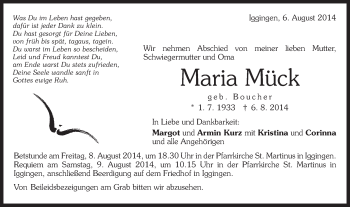Traueranzeige von Maria Mück von Gmünder Tagespost