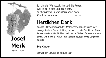 Traueranzeige von Josef Merk von Gmünder Tagespost