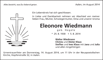 Traueranzeige von Eleonore Wiedmann von Schwäbische Post