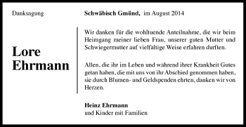 Traueranzeige von Lore Ehrmann von Gmünder Tagespost