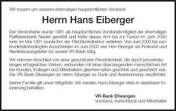 Traueranzeige von Hans Eiberger von Schwäbische Post