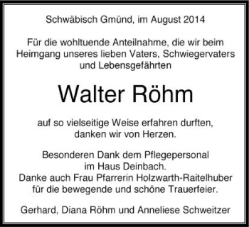 Traueranzeige von Walter Röhm von Gmünder Tagespost