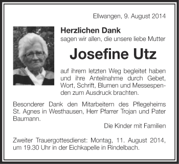 Traueranzeige von Josefine Utz von Schwäbische Post