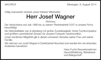 Traueranzeige von Josef Wagner von Schwäbische Post
