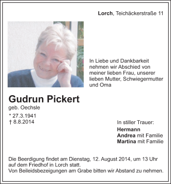 Traueranzeige von Gudrun Pickert von Gmünder Tagespost