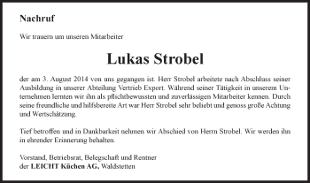 Traueranzeige von Lukas Strobel von Gmünder Tagespost