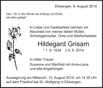 Traueranzeige von Hildegard Grisam von Schwäbische Post