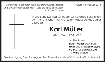 Traueranzeige von Karl Müller von Schwäbische Post