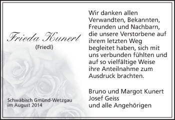 Traueranzeige von Frieda Kunert von Gmünder Tagespost