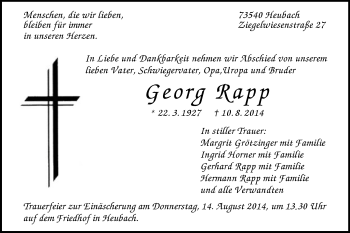 Traueranzeige von Georg Rapp von Gmünder Tagespost
