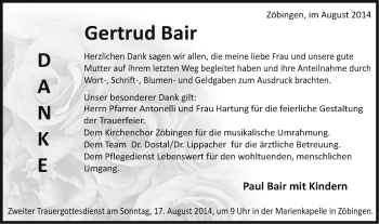Traueranzeige von Gertrud Bair von Schwäbische Post