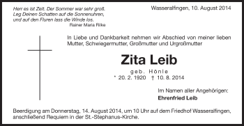 Traueranzeige von Zita Leib von Schwäbische Post