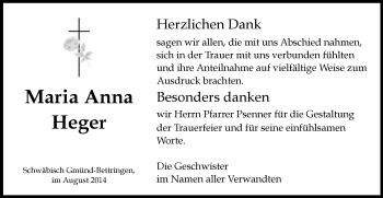 Traueranzeige von Maria Anna Heger von Gmünder Tagespost