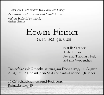 Traueranzeige von Erwin Finner von Gmünder Tagespost