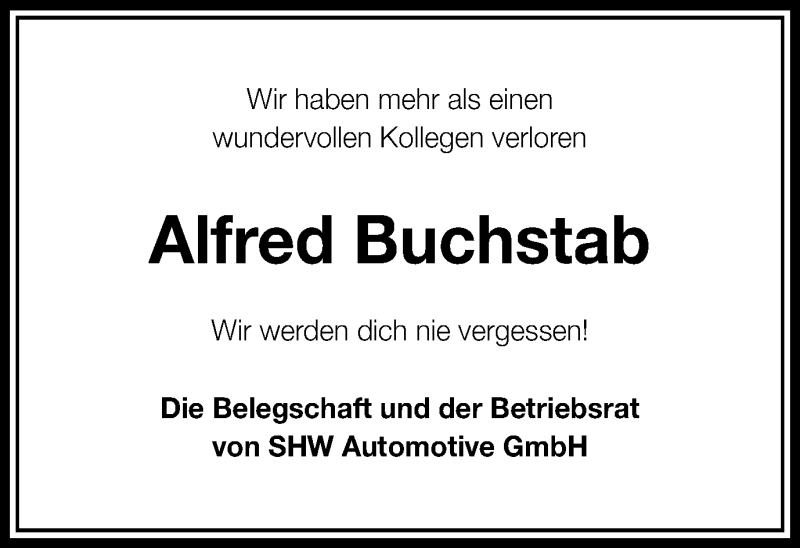  Traueranzeige für Alfred Buchstab vom 12.08.2014 aus Schwäbische Post