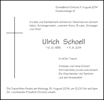 Traueranzeige von Ulrich Schoell von Gmünder Tagespost