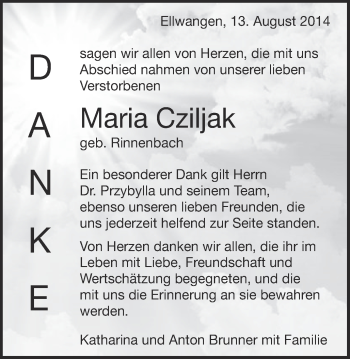 Traueranzeige von Maria Cziljak von Schwäbische Post