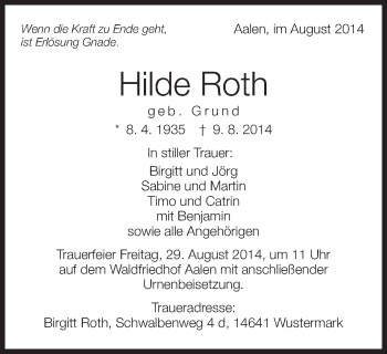 Traueranzeige von Hilde Roth von Schwäbische Post