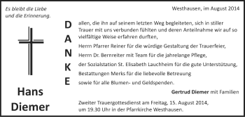 Traueranzeige von Hans Diemer von Schwäbische Post