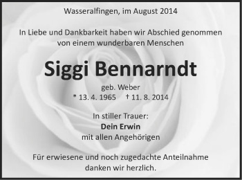 Traueranzeige von Siggi Bennarndt von Schwäbische Post