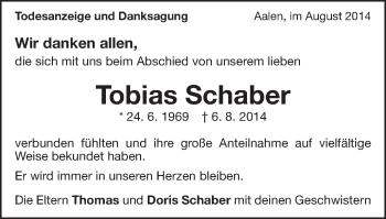 Traueranzeige von Tobias Schaber von Schwäbische Post