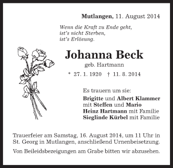 Traueranzeige von Johanna Beck von Gmünder Tagespost