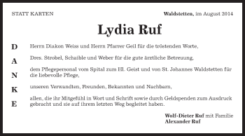 Traueranzeige von Lydia Ruf von Gmünder Tagespost