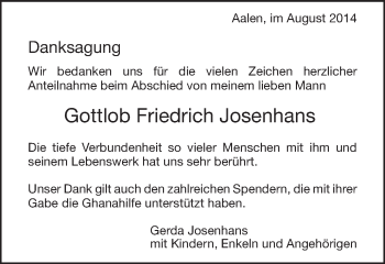 Traueranzeige von Gottlob Friedrich Josenhans von Schwäbische Post