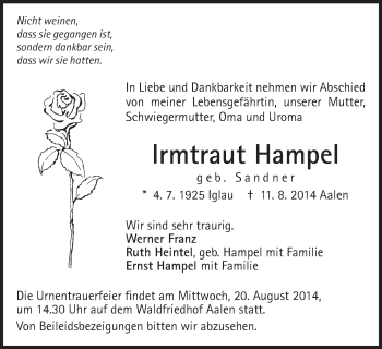 Traueranzeige von Irmtraut Hampel von Schwäbische Post