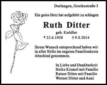 Traueranzeige von Ruth Ditter von Gmünder Tagespost