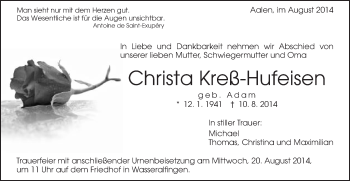 Traueranzeige von Christa Kreß-Hufeisen von Schwäbische Post
