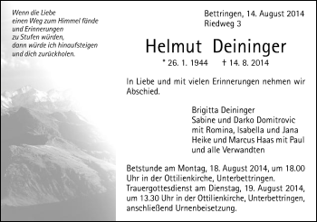 Traueranzeige von Helmut Deininger von Gmünder Tagespost