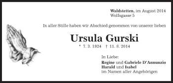 Traueranzeige von Ursula Gurski von Gmünder Tagespost