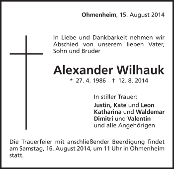 Traueranzeige von Alexander Wilhauk von Schwäbische Post