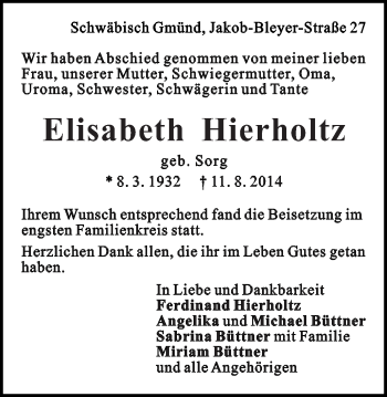 Traueranzeige von Elisabeth Hierholtz von Gmünder Tagespost